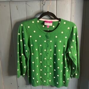 Talbots Green and White Polka Dot Cardigan | Size Large Petite